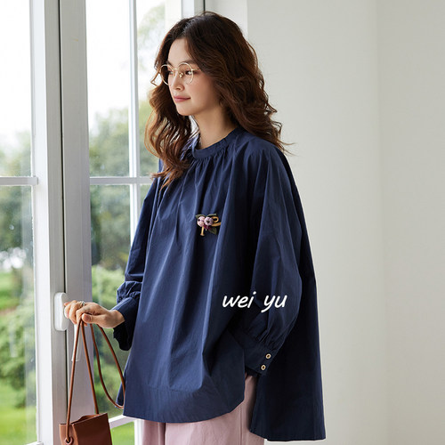 薇语大码春秋复古宽松长袖T恤