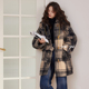 薇语大码 女装 格子呢子大衣女2025秋冬复古牛角扣连帽毛呢外套女
