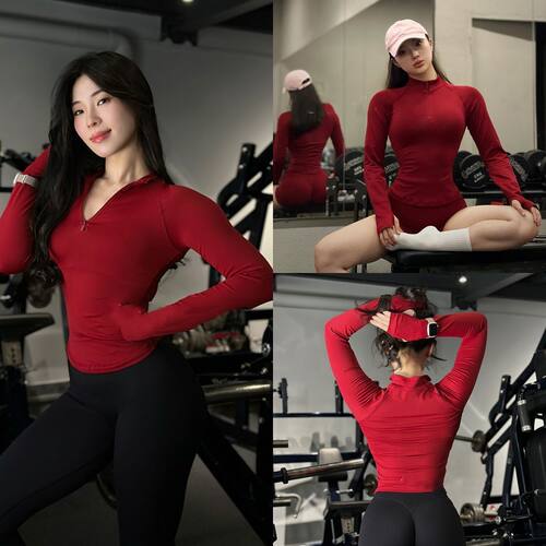 安可拉红瑜伽服外套女半拉链立领修身显瘦健身服户外骑行女秋冬 - 封面