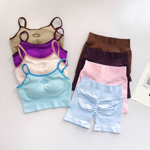 固定杯吊带美背复古刺绣运动背心撞色女无缝针织健身套装训练服