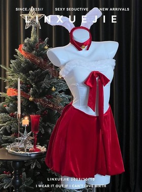 圣诞节红色丝绒抹胸睡裙女兔女郎cos制服性感睡裙纯欲连体裙qqny