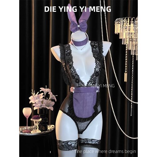 蕾丝镂空深V透视女仆连体衣
