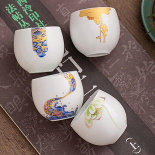 釉上彩白瓷茶杯四件套哑光定窑单杯功夫茶具茶杯单杯主人杯蛋形杯