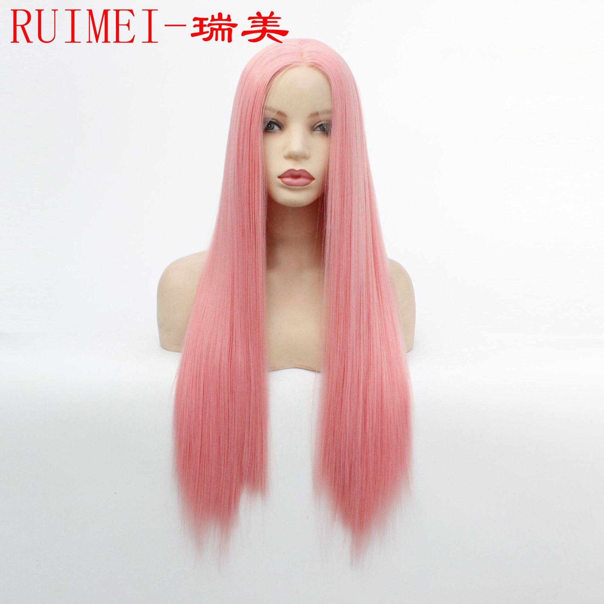粉红色长直发cosplaysyntheticlacefrontwig前蕾丝假发头套高温丝