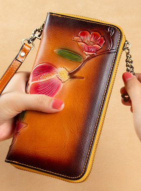 RFID女士钱包真皮休闲长款钱夹头层牛皮女款手拿包欧美卡位拉链包