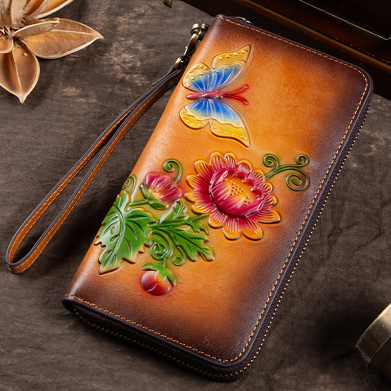 复古真皮钱包女士长款头层牛皮手拿包青年手机包民族风配旗袍钱夹