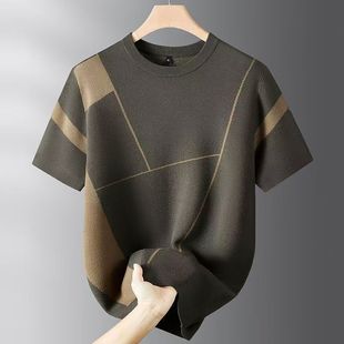 秋冬季新款针织圆领短袖毛衣男士加肥加大码宽松毛线衣保暖打底衫