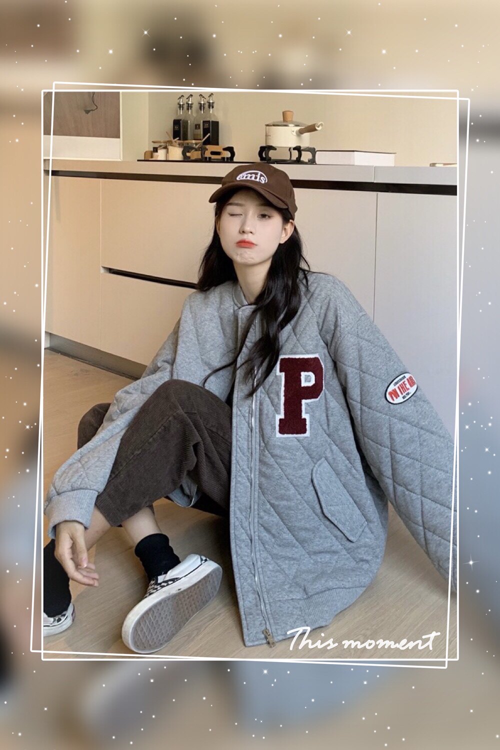 新款菱形格大版宽松夹棉加厚保暖棒球服百搭女上衣外套棉衣棉服