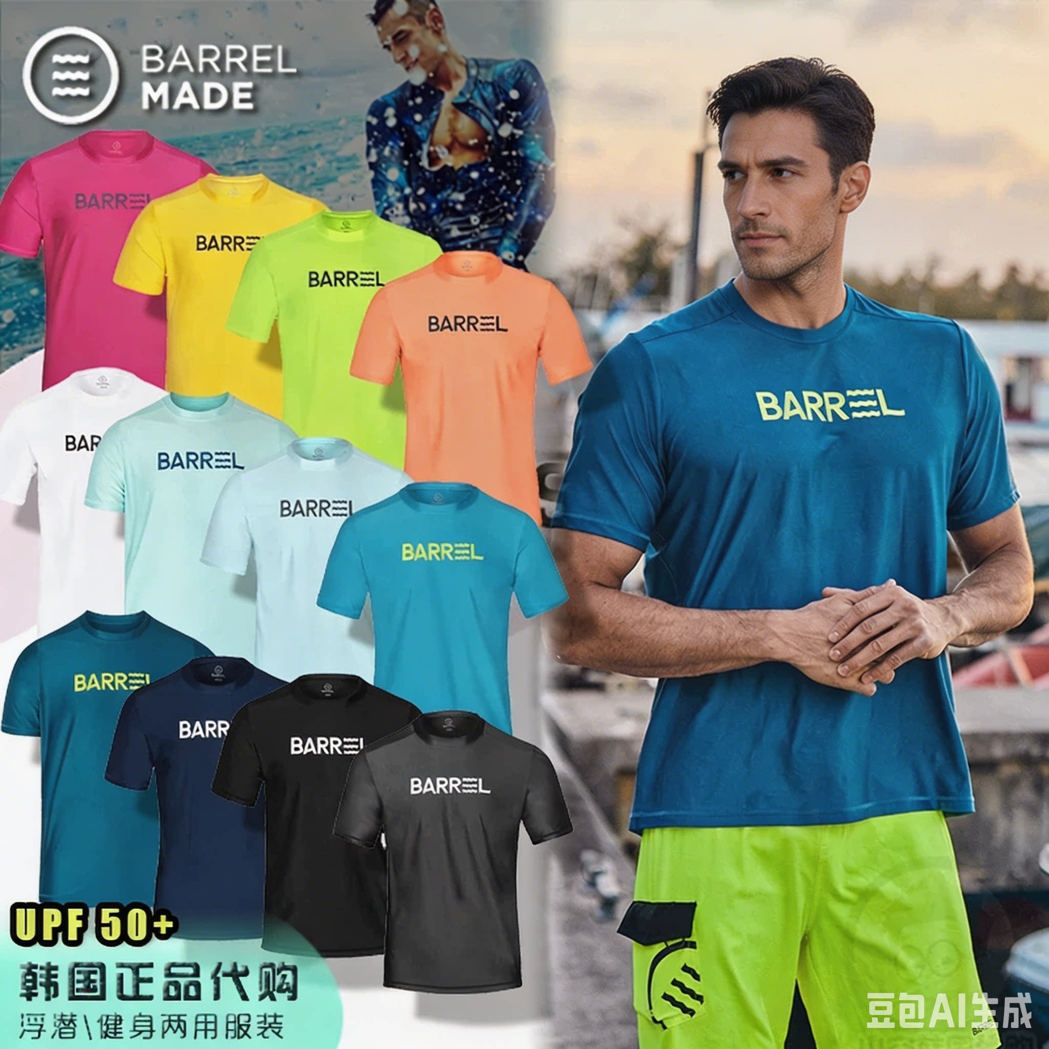 韩国BARREL正品冲浪浮潜健身两用弹力速干纯色短袖T恤潜水服男夏