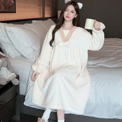 毛绒睡裙女秋冬季加厚珊瑚绒长款睡衣公主风冬天孕妇可外穿家居服