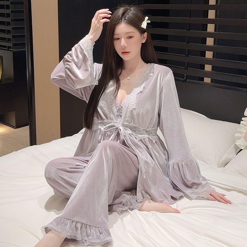 金丝绒睡衣女秋冬季加绒保暖带胸垫性感纯欲风吊带家居服三件套装