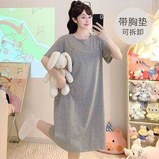 带胸垫睡裙夏季女款纯棉薄款加大码胖mm夏天睡衣孕妇连衣裙