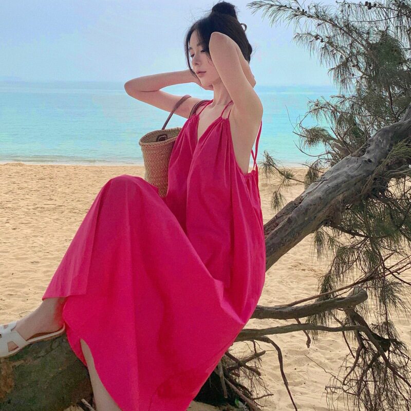 三亚海岛玫红连衣裙仙女夏季茶歇连衣裙