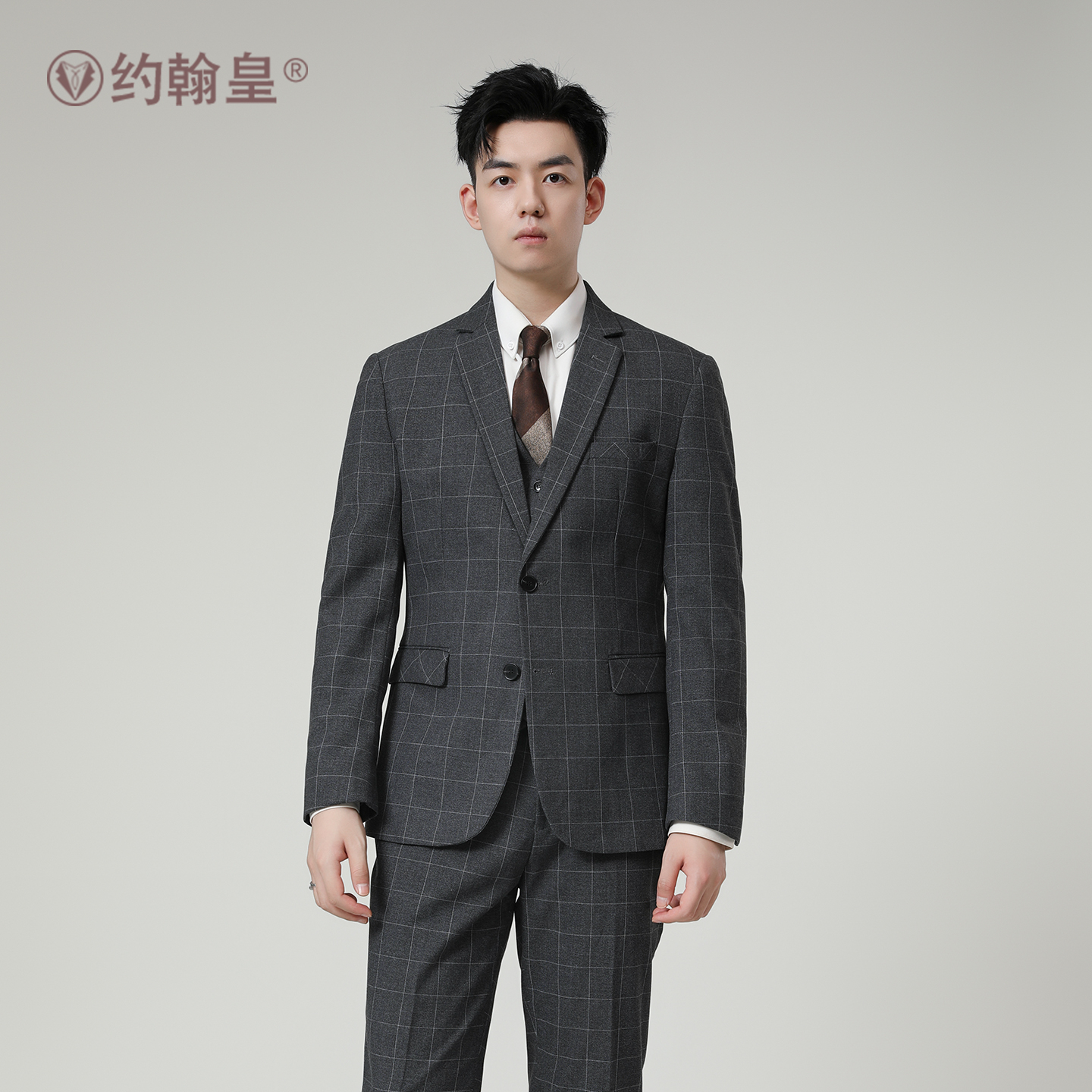 格子西服套装男商务休闲男士高档西装正装结婚单平驳领单排扣礼服