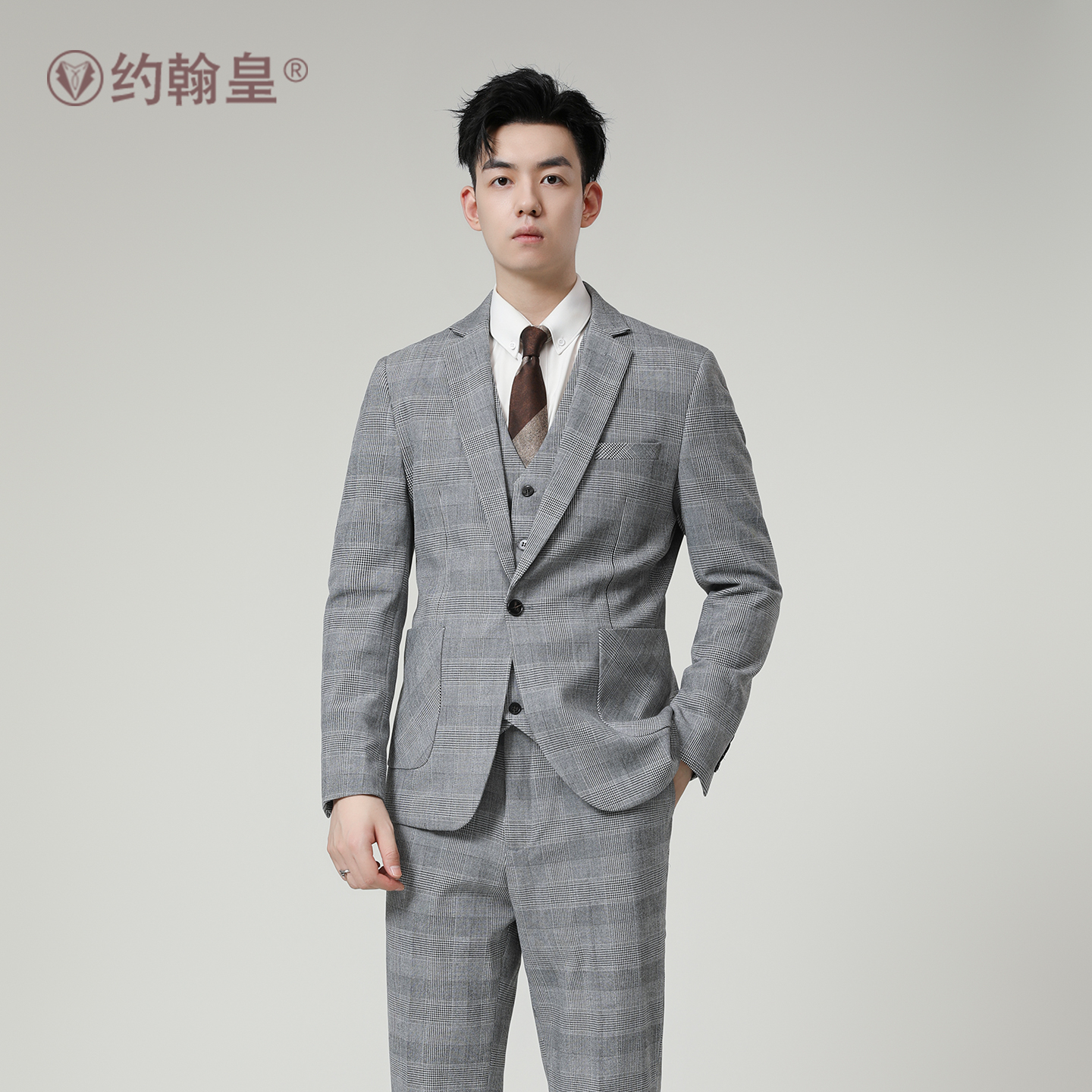 千鸟格西装套装男商务休闲结婚婚礼正装男士高档一粒扣西服礼服