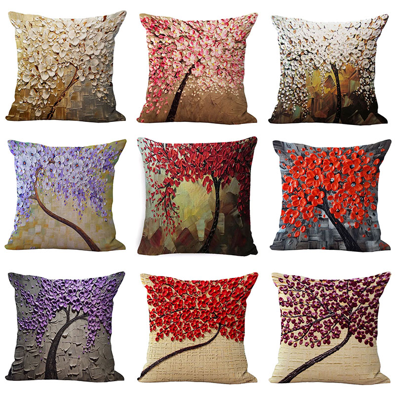 亚麻抱枕套彩色油画树家居麻料抱枕套靠垫汽车抱枕平安树沙发靠垫