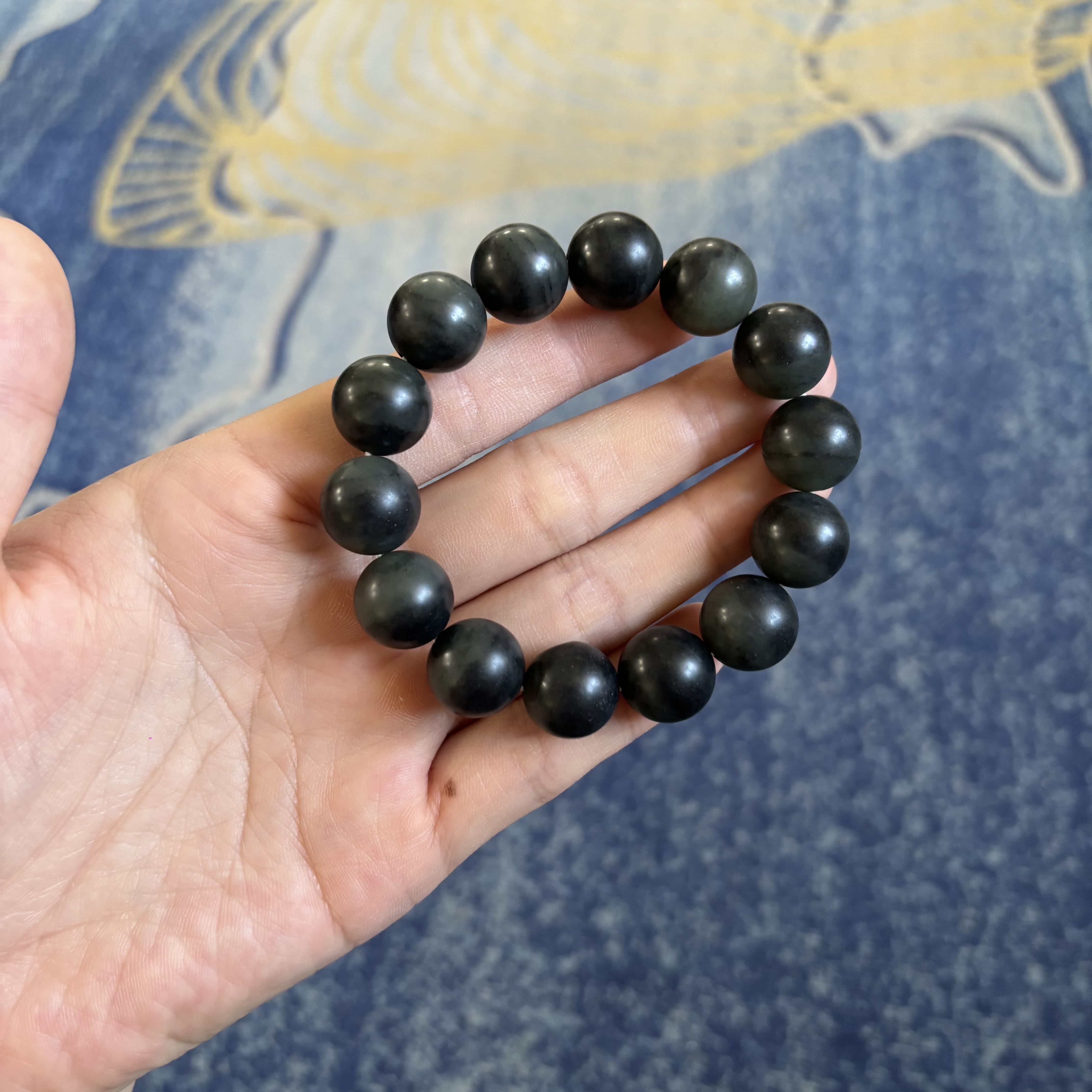 N14mm青花籽料圆珠手串有原皮朕®开仓新疆和田玉