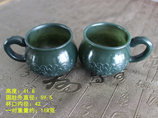 功夫茶杯一对有手柄 和田玉叶城山料青玉水杯摆件 瑷和®开仓