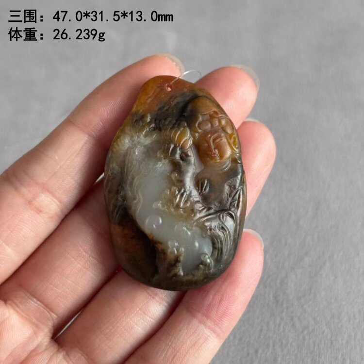 双色美皮白玉观音独籽挂件