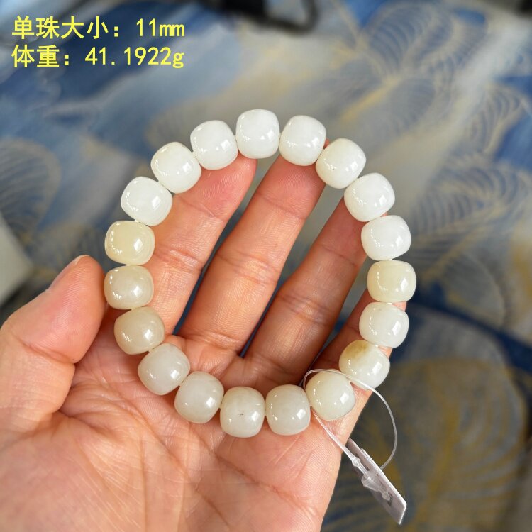 L11毫米糖白玉籽料老型珠手串/手链 有原皮朕®开仓新疆和田玉
