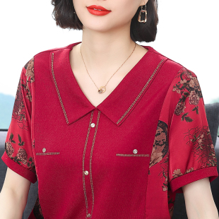 翻领印花拼接大码 t恤女加肥宽松胖mm洋气奶奶衬衣中老年妈妈 短袖