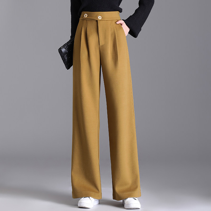 通勤风高腰阔腿裤女秋冬垂感直筒西装裤卡其色长裤5XL大码休闲裤