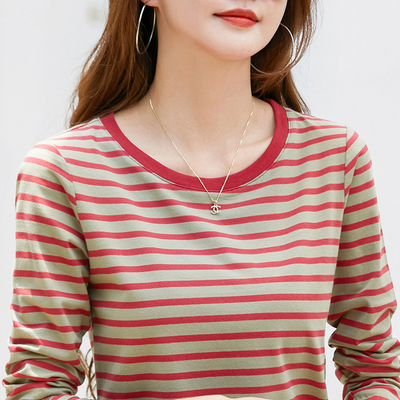 圆领长袖条纹纯棉韩版打底衫T恤