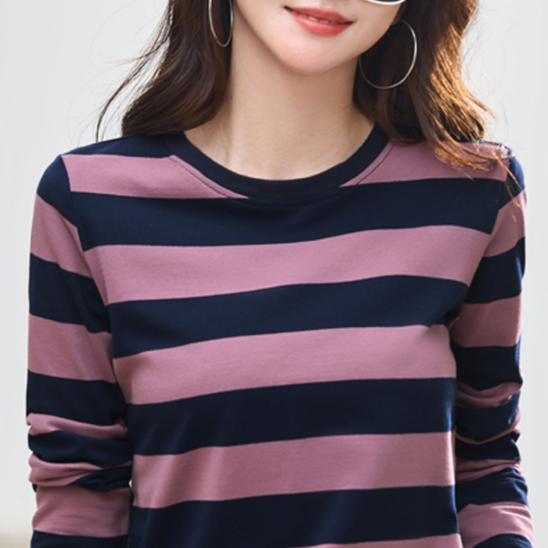 宽条纹纯棉长袖t恤女大码宽松胖mm加肥老人秋衣中老年妈妈打底衫