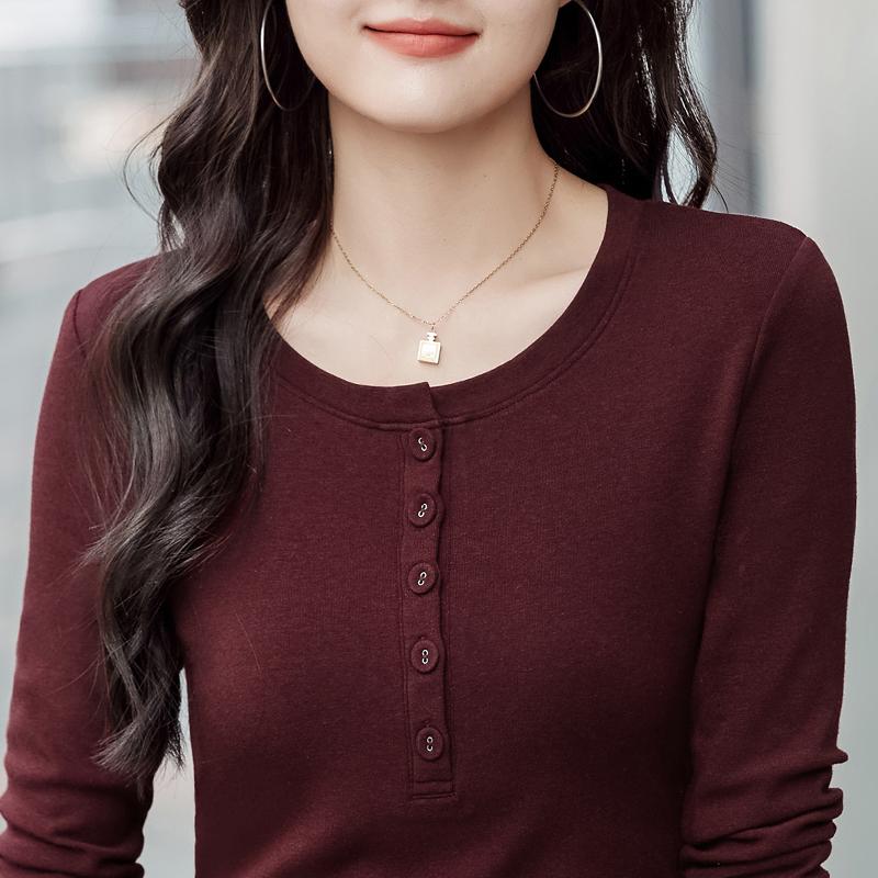 扣子半开领纯棉长袖圆领打底衫
