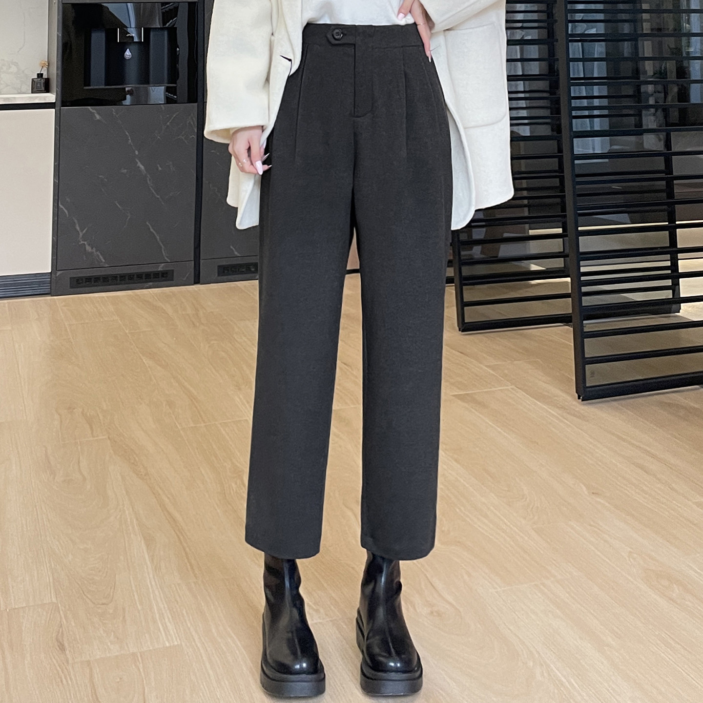 高腰大码宽松毛呢直筒裤新款秋冬休闲九分裤显瘦小个子极简风女裤