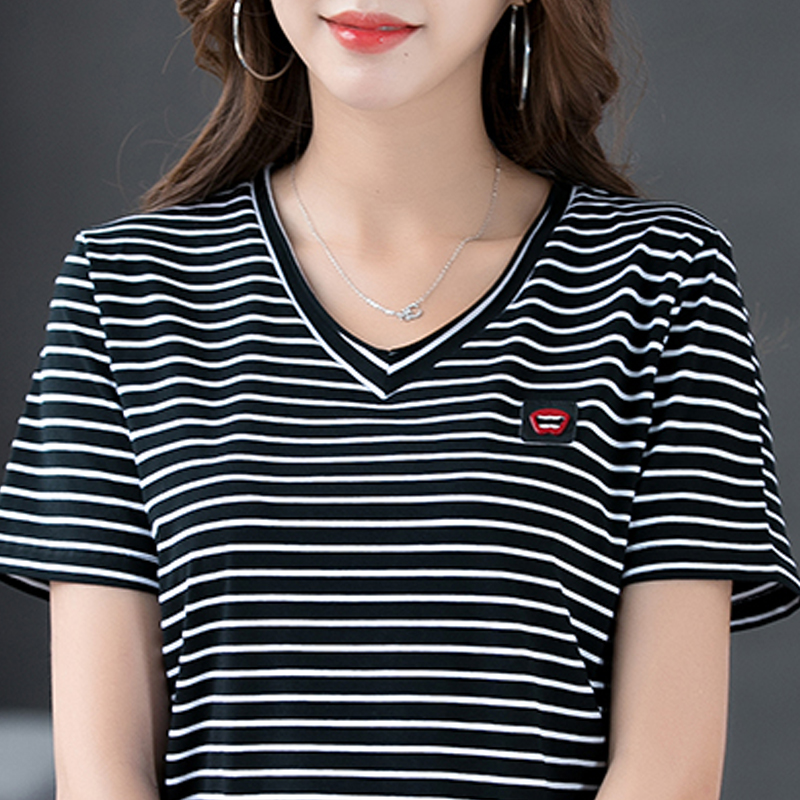 2021v领条纹t恤女短袖半袖纯棉