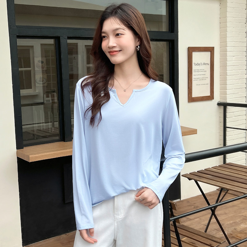 韩版慵懒风V领长袖T恤女蓝色宽松显瘦防晒罩衫春秋百搭洋气上衣