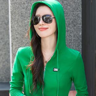 短款拉链开衫连帽长袖t恤女大码宽松小个子帽衫中老年妈妈装卫衣