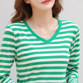 华夫格V领条纹长袖 妈妈装 t恤女秋冬大码 显瘦老人秋衣中老年打底衫