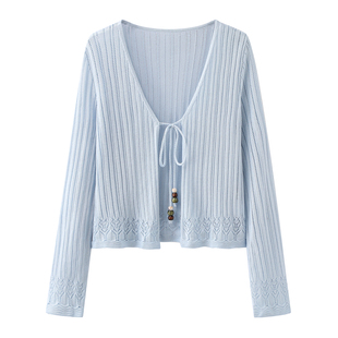 显瘦外搭防晒透气温柔风上衣 短款 艾格浅蓝V领系带针织开衫 春季