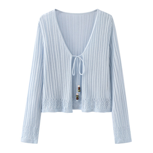 艾格浅蓝V领系带针织开衫显瘦女