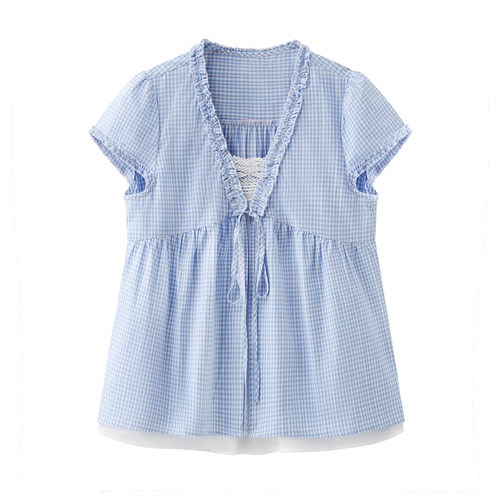 艾格V领蓝格假两件短袖衬衫女