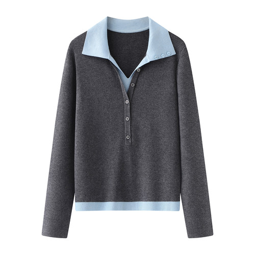 艾格假两件翻领显瘦针织衫