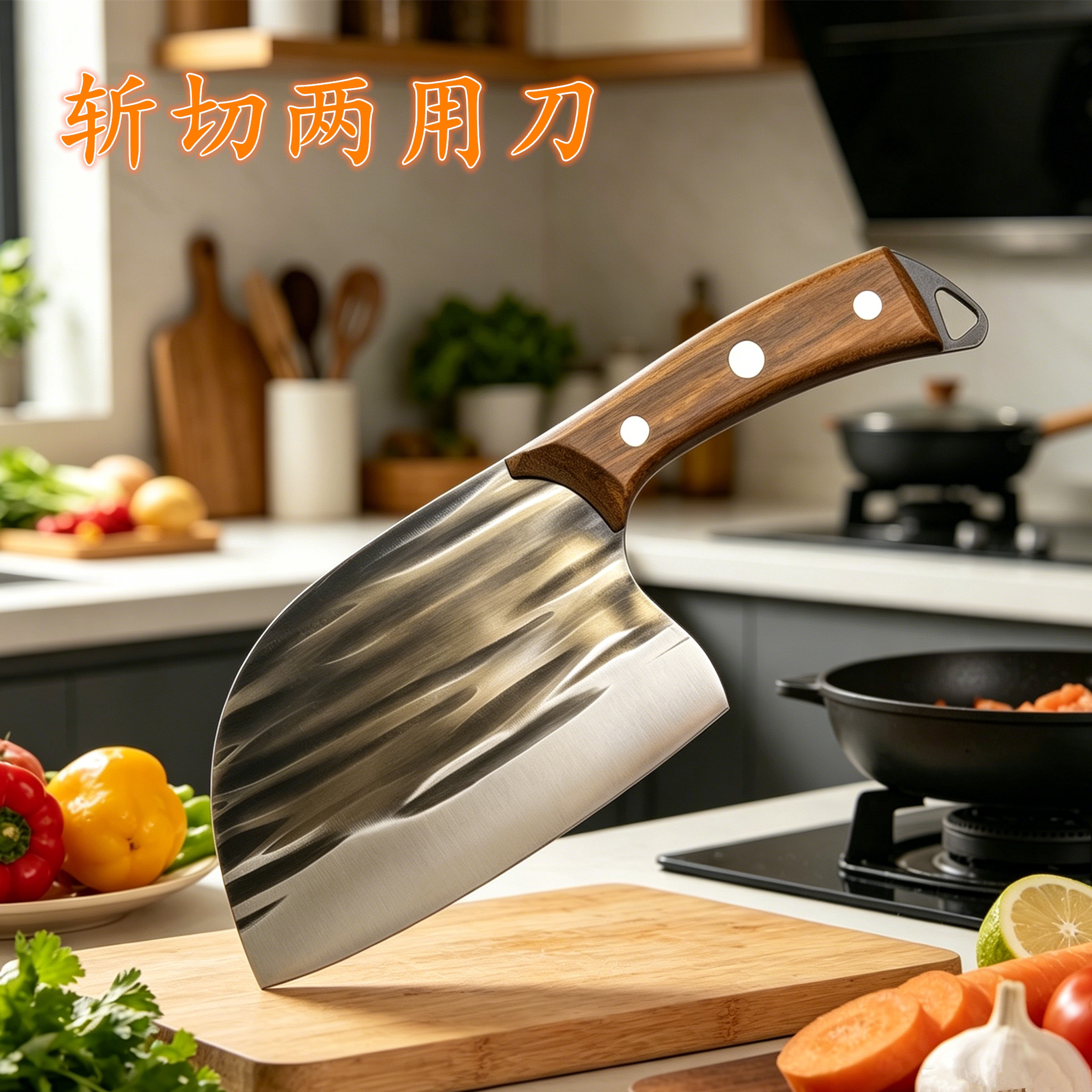 锻打不锈钢木柄锋利耐用菜刀