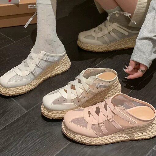 牛皮夏季女透气厚底包头穆勒半拖