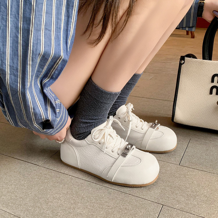 牛皮内增高德训小白鞋女系带