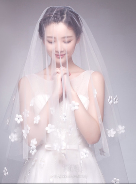 结婚新娘头纱加密软网纱婚纱配件简约卷边水溶花白色拍照网红头纱