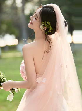 简约花瓣百搭婚纱头纱粉色素纱