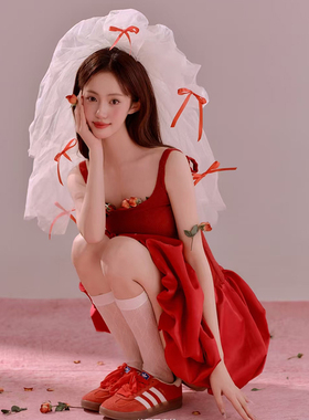 新款超仙红色蝴蝶结头纱领证登记森系简约拍照头饰氛围感发饰甜美