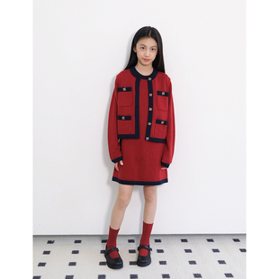 中大童连衣裙套装 潼家23FW喜迎新年小香风红色针织开衫 BBW