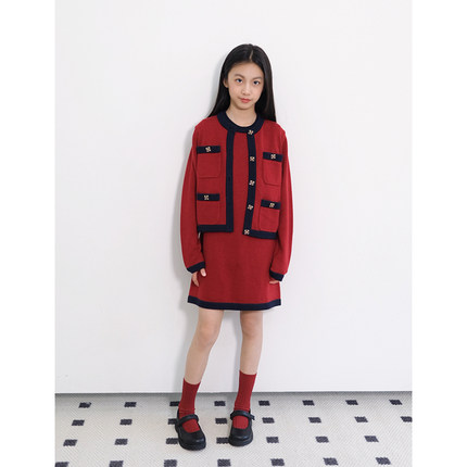 BBW 潼家23FW喜迎新年小香风红色针织开衫中大童连衣裙套装01/08