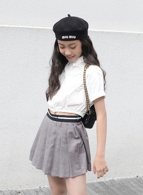 BBW潼家 23SS 女童夏季纯色翻领衬衫中大童收腰刺绣短袖衬衣04/21