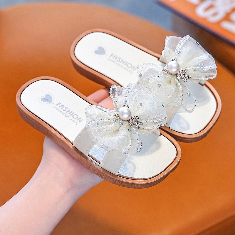 进口女童拖鞋时尚可爱小熊蝴蝶结大中小童休闲舒适家居防滑海边一