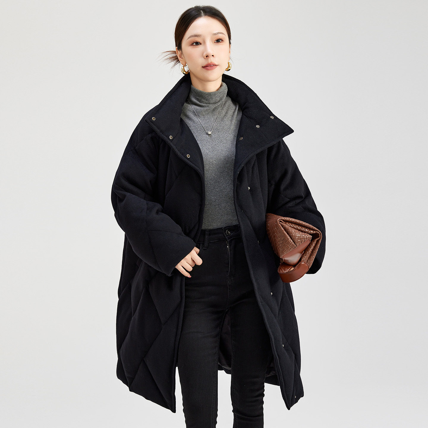 美式复古国潮立领菱格鹅绒加厚外套女冬季新款休闲保暖宽松款8520