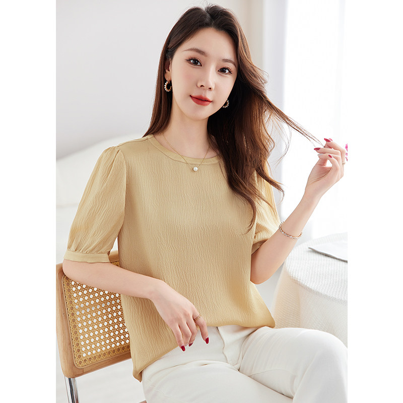 桑蚕丝真丝泡泡绉优雅小衫女圆领气质显白短袖上衣后系带T恤衫夏